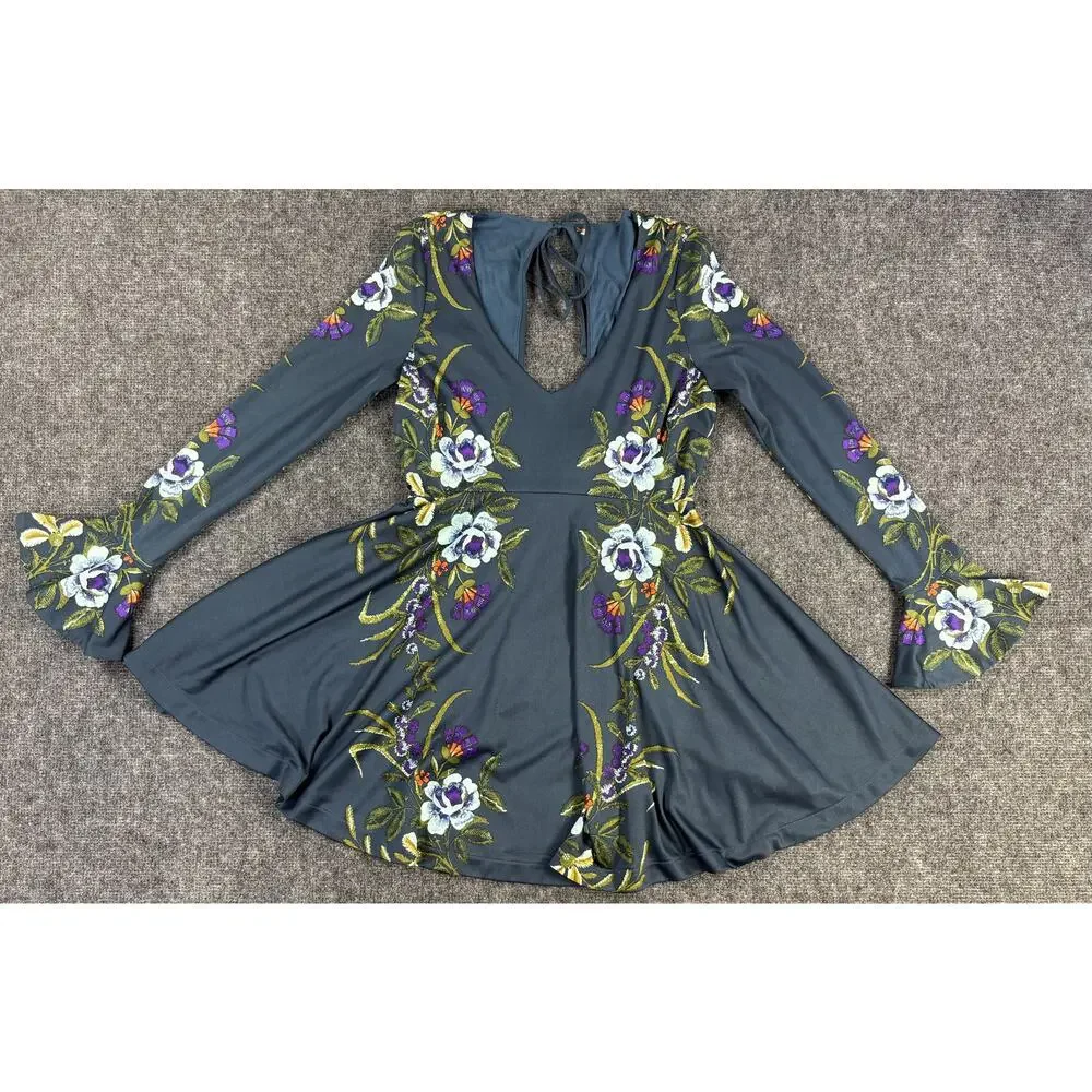 Free People In The Flowers Embroidered Mini Dress Gray Floral Bell Sleeve